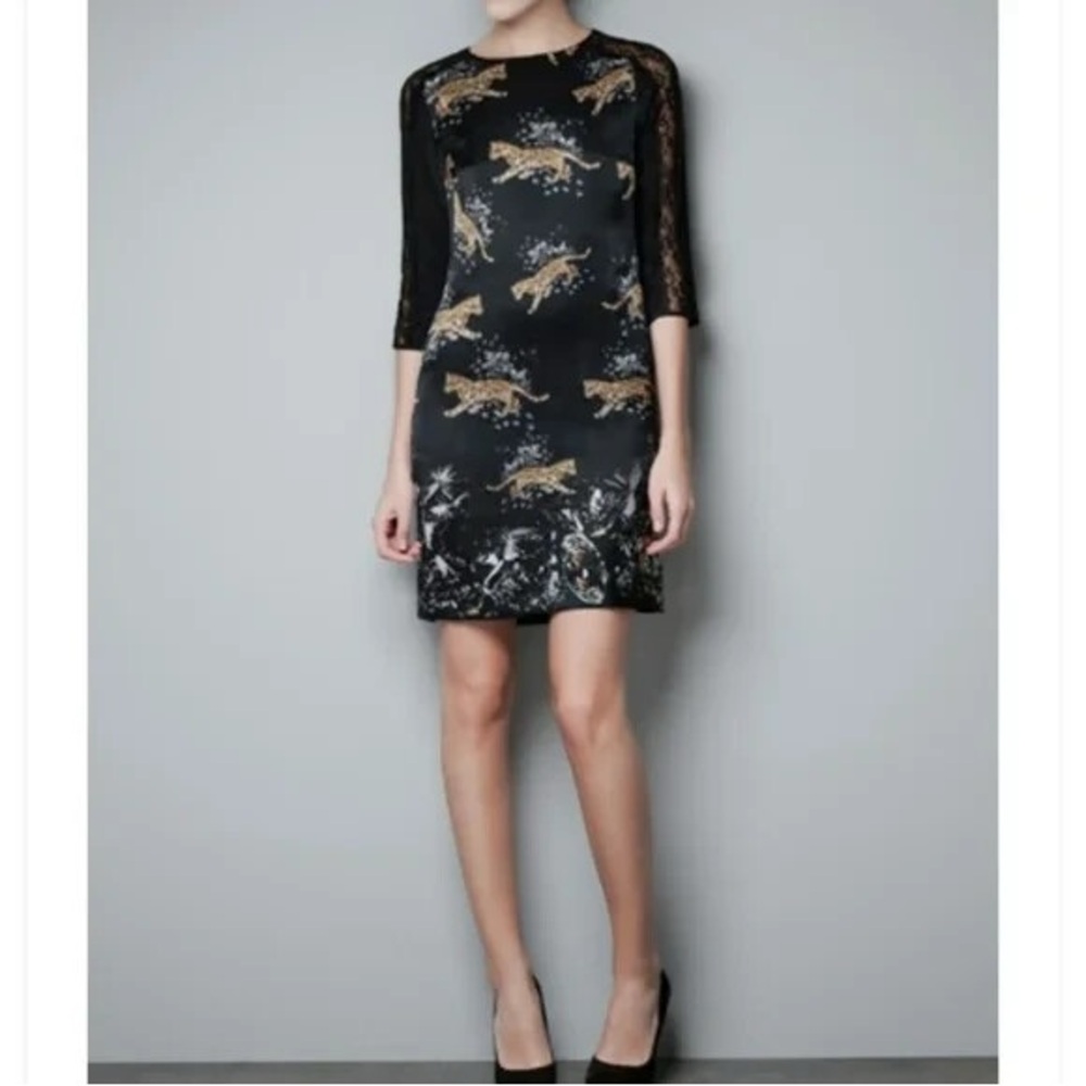 NWT ZARA 100% Silk Leopard Print Long Sleeve Shift Dress Lace Detail Black Gold